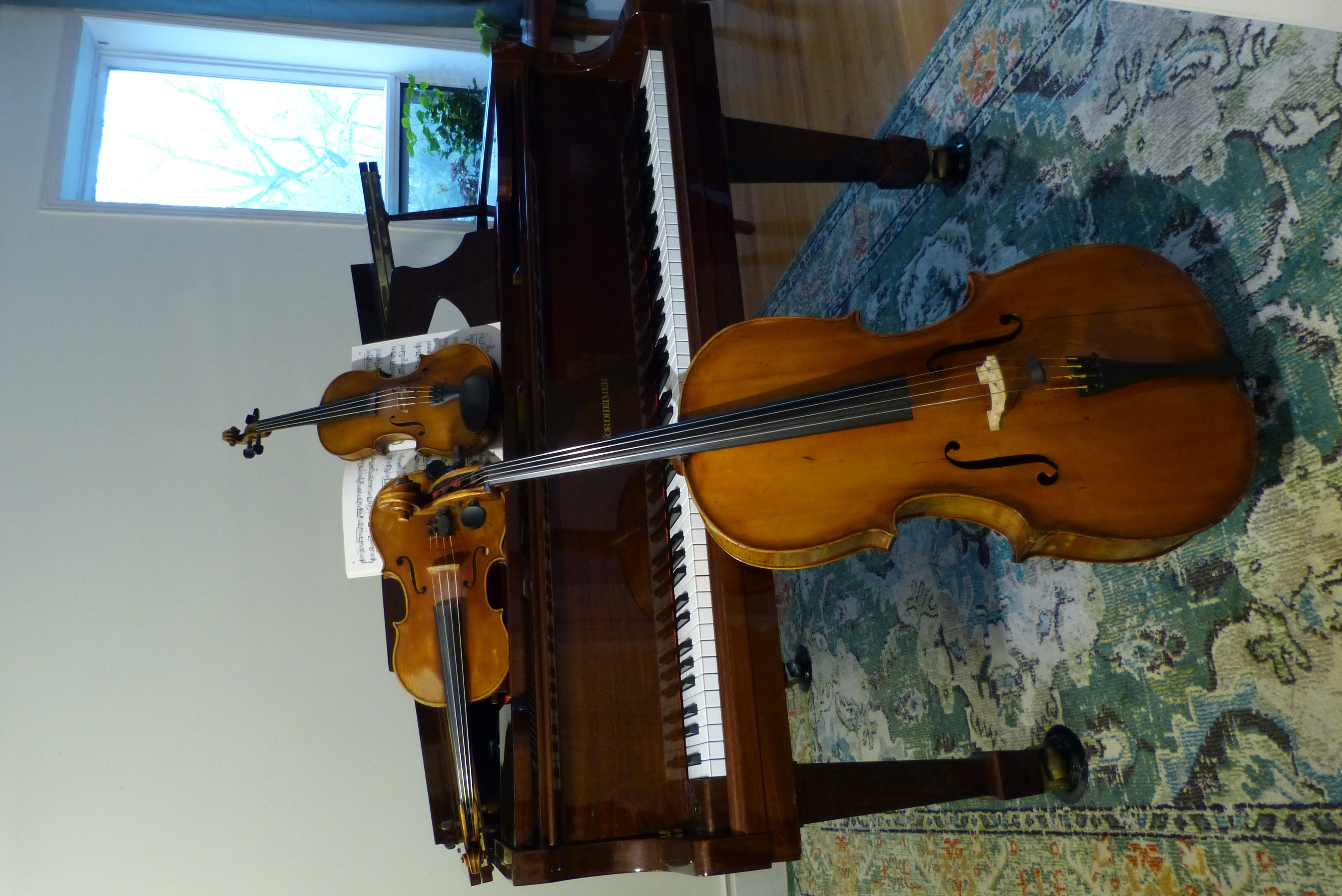 Violin and viola resting on a grand piano