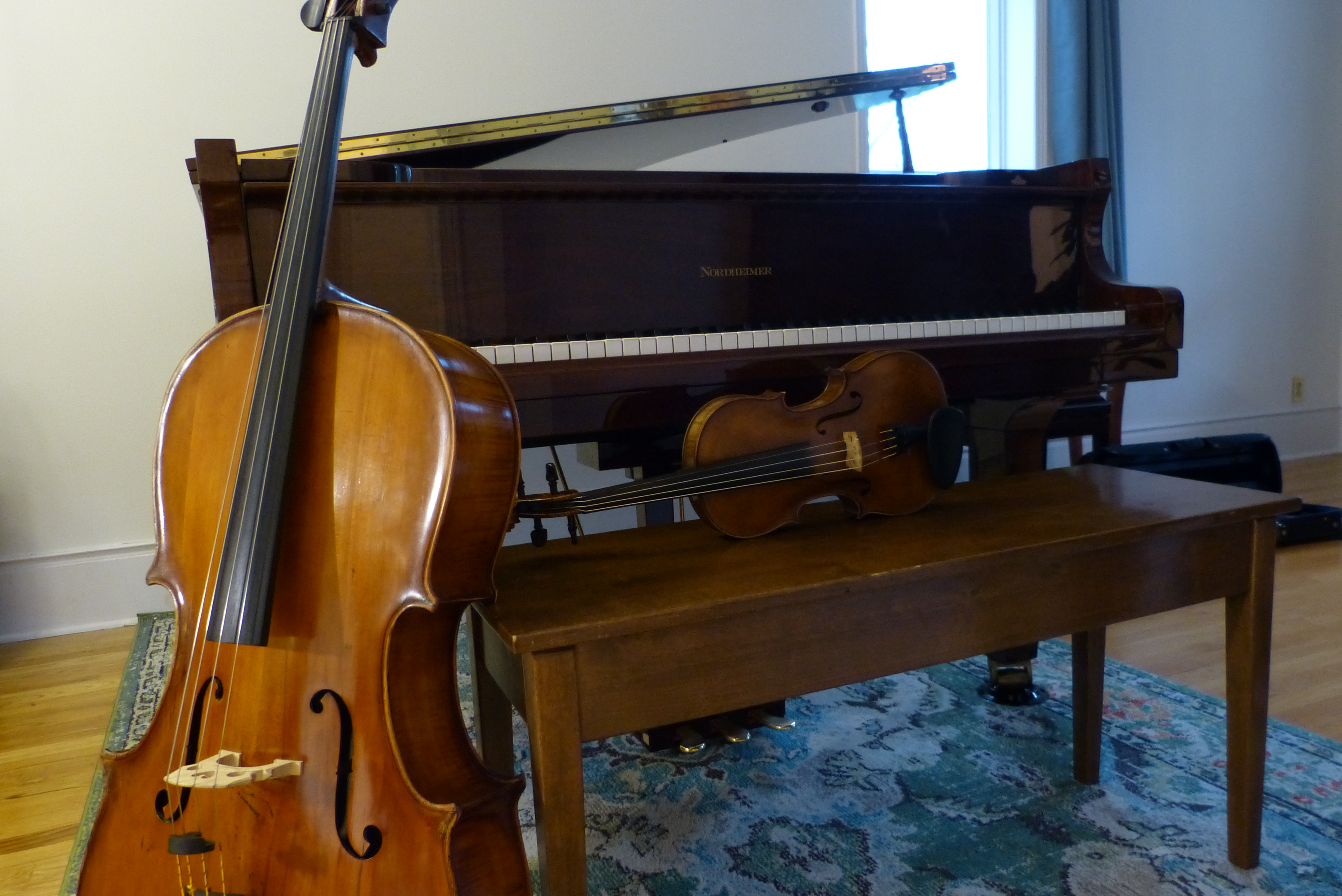 Cello leaning against a grand piano